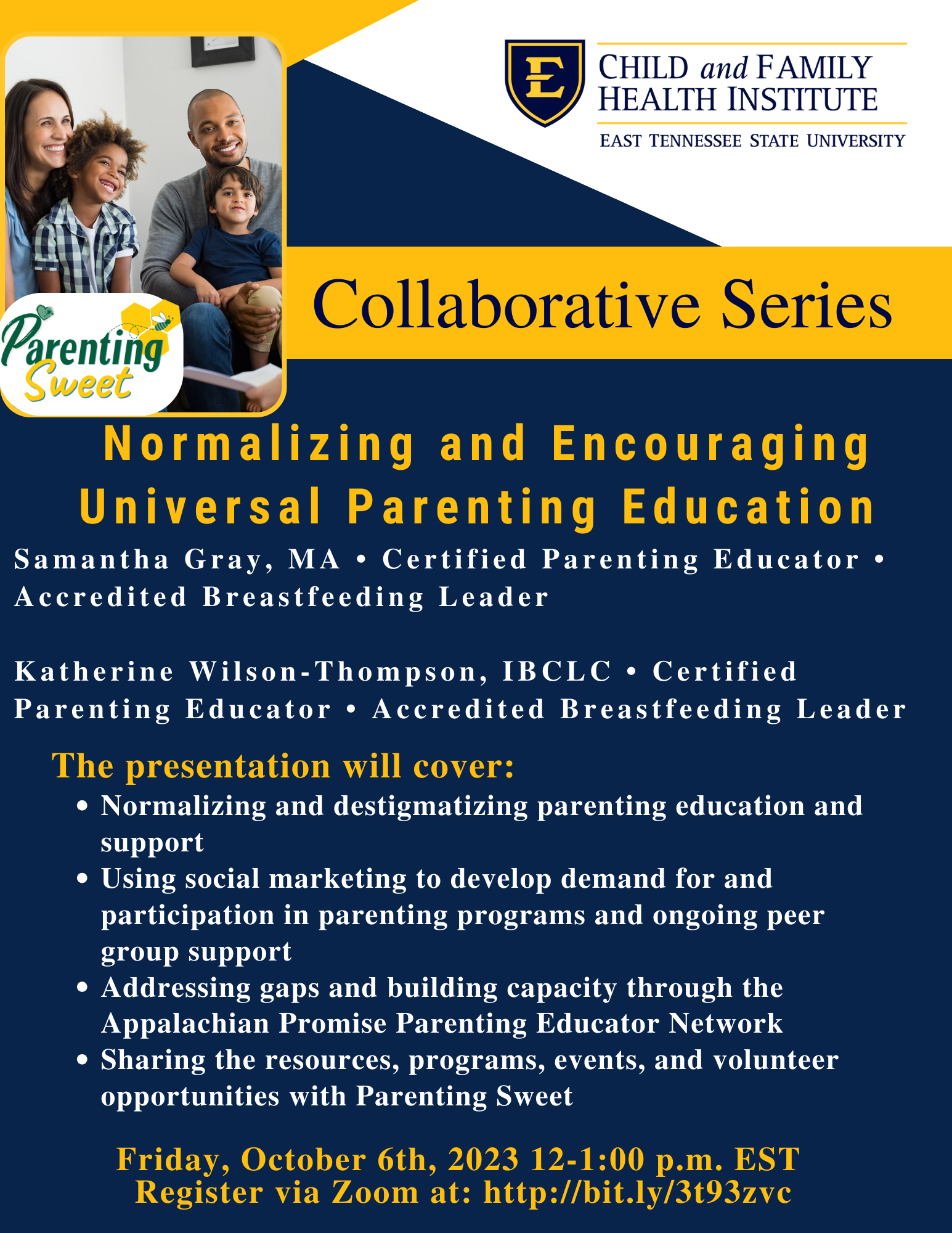 CFHI Collaborative Series - Normalizing and Encouraging Universal Parenting Education - Samantha Gray, MA and Katherine Wilson-Thompson, IBCLC Banner